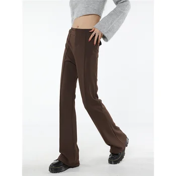 Brown Womans Micro Flare Pants High Waist Vintage Advanced Sense Straight Kelnės American Style Chic Design Baggy Suit Kelnės