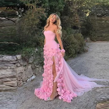 Saldžios 3D gėlės Ilga prom suknelė su plyšiu Mieloji Satino vakarinės suknelės be rankovių Custom A-Line Oficialūs vakarėlių chalatai