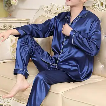 Rudens pižamų rinkinys Vyriškas satino atlapų pižamos komplektas su marškiniais ilgomis rankovėmis Plačios kojų kelnės Minkšti namų drabužiai Miego drabužiai rudens pavasario vyrams