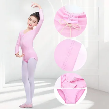 Children Kids Pink Medvilninis smėlinukas trumpomis/ilgomis rankovėmis Купальнік Leotard drabužiai Mergaičių baleto šokis Gimnastika Šokių apranga