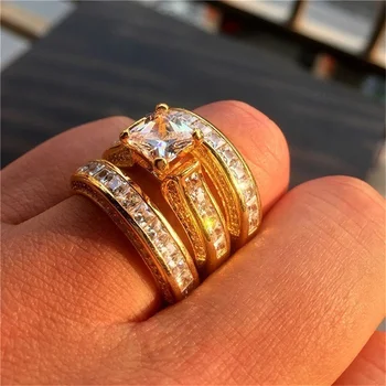 Huitan 3Pcs/Set Sužadėtuvių žiedai Madingas sidabrinis dengtas/auksinės spalvos komplektinis žiedas moterims Vestuvių aksesuarai inkrustuoti CZ kristalu