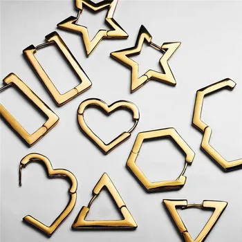 Punk Gold Color Statement Triangle Star Heart Huggies auskarai Fashion Brass Metal Geometriniai auskarai moterims