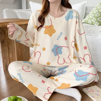 Žieminė medvilnė Apvaliu kaklu pižamų komplektas Spausdinimas Pižamos jaunoms merginoms Naktiniai drabužiai Laisvo dydžio miego drabužiai Laisvalaikio laisvalaikio drabužiai