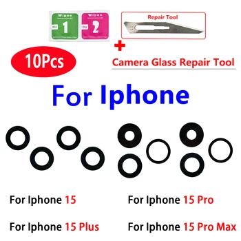10 vnt Originalus galinės galinės kameros stiklo objektyvas, skirtas iPhone 15 Pro Max 15 ProMax 15 Pro 15 Plus objektyvai su lipniais lipdukų klijais