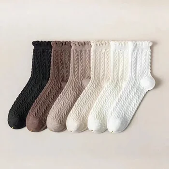 6 Poros megztų vidutinio ilgio kojinių moterų rudens žiemai Miela madinga Lolita Universalios nėrinių raukuotos trumpos kojinės