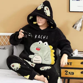 Žiemos vyrų pižamų rinkiniai Koralų vilnos miego drabužių animacinis filmas Dinozaurų gobtuvas su gobtuvu Laisvalaikio pižamos laisvalaikio drabužiai Korėjietiški laisvi poilsio drabužiai