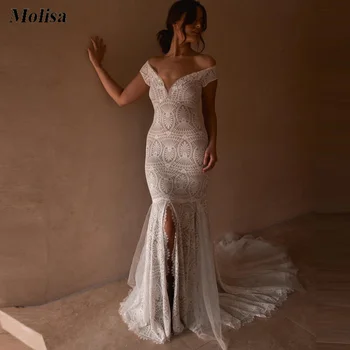 Elegant Off Shoulder High Split Boho vestuvinė suknelė Nėrinių undinėlės nuotakos suknelės moterims 2023 m Nemokamas pristatymas Šalies nuotakos suknelė