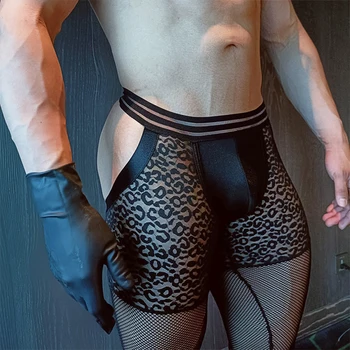 Vyrai\'s See-Through Mesh Open Butt Boxer šortai Išsipūtęs maišelis Leopardo apatiniai drabužiai Ištempti ilgi boksininkai Erotinės trumpos kelnės Gėjai