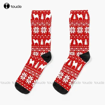 Norvegų elkhound raudonas ir baltas kalėdinis šventinis modelis kojinės žieminės kojinės moterims Individuali dovana gatvės drabužiai Juokingas kojinių menas