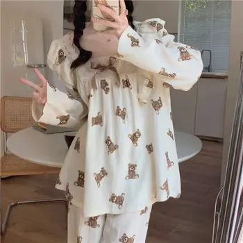 Mielos rudens meškos lanko kelnės ilgomis rankovėmis pižamos moterys žiemos japonų 2023 nauji namų drabužiai tinka moterims estetinis gaivinimas