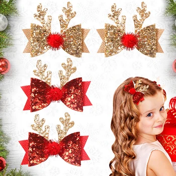 1PC Solid Sequin Vaikų kalėdinių ragų plaukų segtukas Briedžių lankas Galvos apdangalas Boutique Plaukų segtukas Vaikų plaukų segtukų aksesuarai