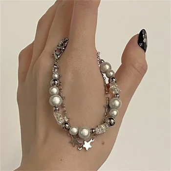 Y2K Crystal Star Pentagramos perlų karoliukų apyrankė moterims Harajuku dvisluoksnė grandinėlė Estetiniai papuošalų aksesuarai