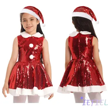 Vaikų mergaitės Kalėdų Senelis Cosplay kostiumas Naujųjų metų Kalėdų karnavalo spektaklis Blizgučiai Šokių kostiumas Puošni vakarėlių apranga