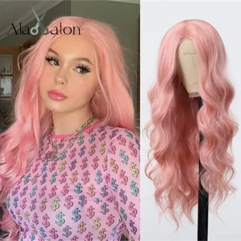 ALAN EATON Ilgas rožinis banguotas perukas moterims Vidurinės dalies perukas Sintetinis karščiui atsparus pluoštas Plaukų pakaitalas Perukai kasdieniam vakarėliui