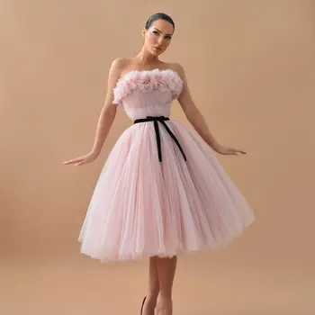 Pink Tulle Prom suknelė be petnešėlių raukiniai Trumpos merginos Vakarėlių suknelės Vakariniai chalatai Prašmatni kokteilinė suknelė