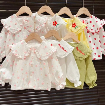 Mergaičių marškiniai 2023 Nauji pavasario ir rudens medvilniniai atlapai Nėrinių korėjiečių kalba Populiariausi mergaičių vakarietiški vaikiški drabužiai