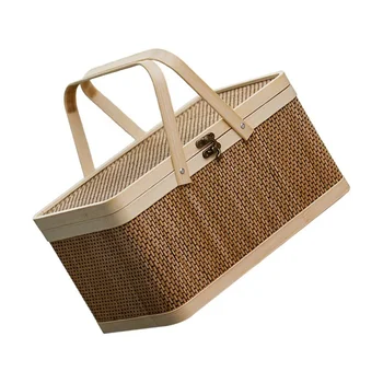 Bambuko krepšelis Natūralus -Draugiškas austas krepšelis Bambuko iškylų krepšelis su dangčiu Rankiniai užkandžiai Duonos laikymo krepšelis
