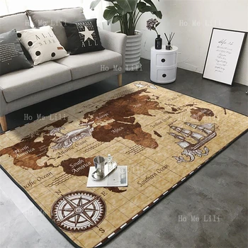 Pasaulio žemėlapis su kompasu Flaneliniai grindų kilimėliai Modernus minkštas didelis vidaus namų svetainės kilimas vaikų miegamojo dekoras