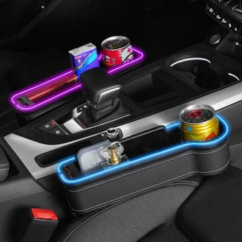 automobilinės kėdutės įtrūkimų laikymo dėžutė su 2 USB įkrovikliu spalvingas LED sėdynės tarpas plyšys kišeninės kortelės telefono raktų laikiklis Automobilinės kėdutės organizatorius
